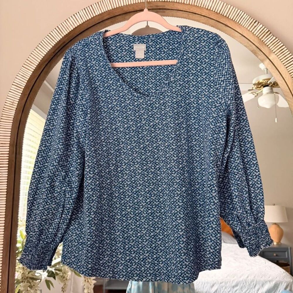 Chico’s Blue White Print Cotton Modal Blouse L Puff Sleeve V Neck